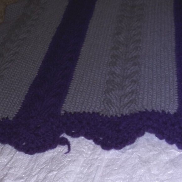 Granny Hand Knitted Afghan Purple and Grey Striped Crochet Winter Afghan Blanket - Picture 6 of 9